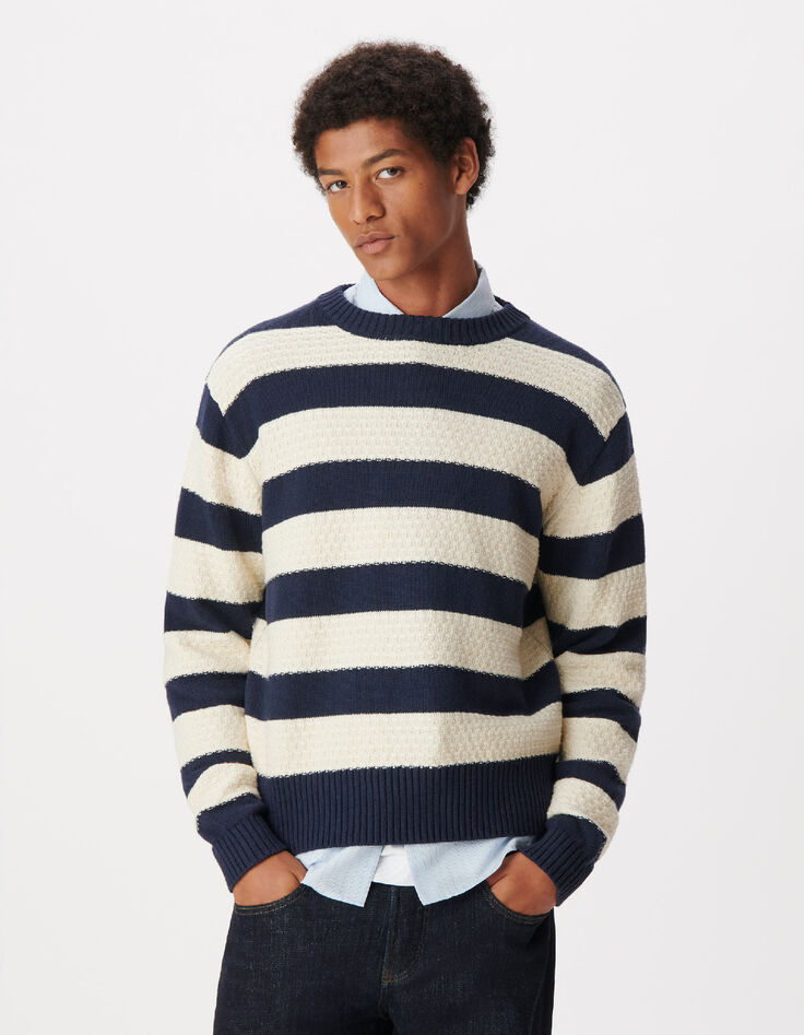 Pull col rond marine tricot motif rayures &eacute;crues Homme-1