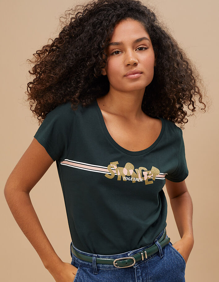I.Code babery green T-shirt with slogan and stripes - I.CODE