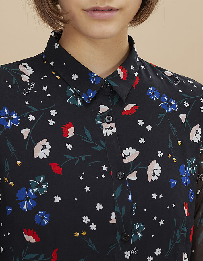 I.Code black multicolour flower print long shirt-dress - I.CODE