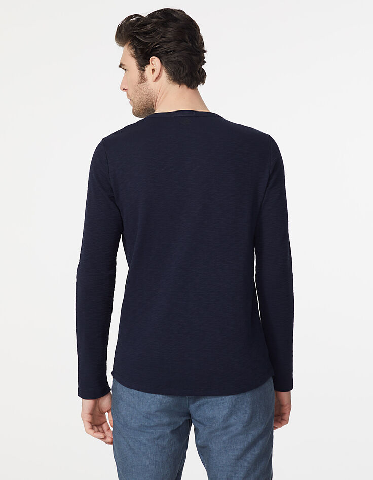 Men’s navy textured button neck T-shirt-3