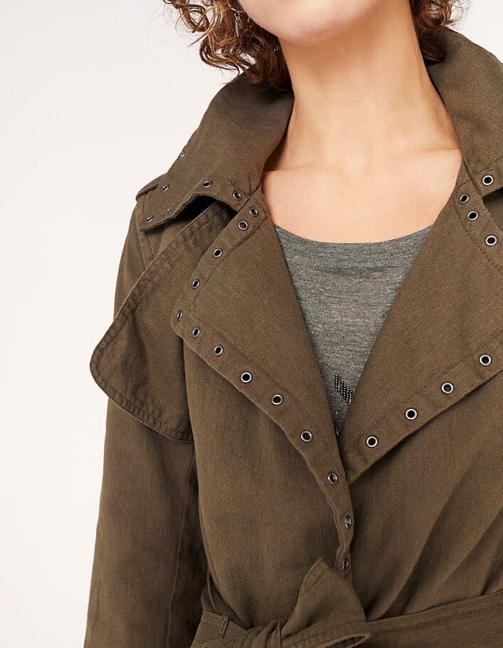 Women’s khaki linen long trench coat with eyelet details-4