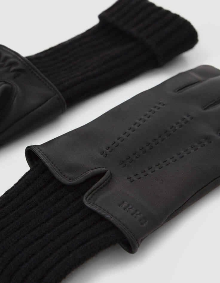 Guantes negros bimaterial piel y punto mujer-5