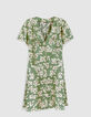 Robe courte vert satin&eacute; imprim&eacute; feuilles Femme-6