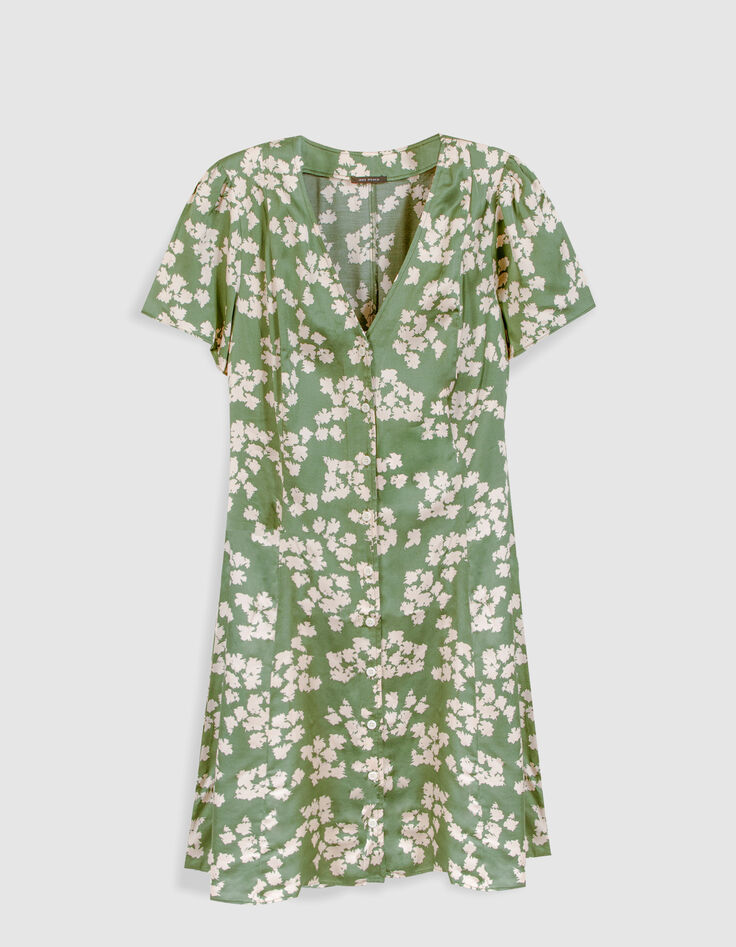 Robe courte vert satin&eacute; imprim&eacute; feuilles Femme-6