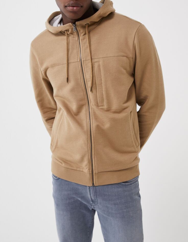 Cardigan beige molleton à capuche Homme-3