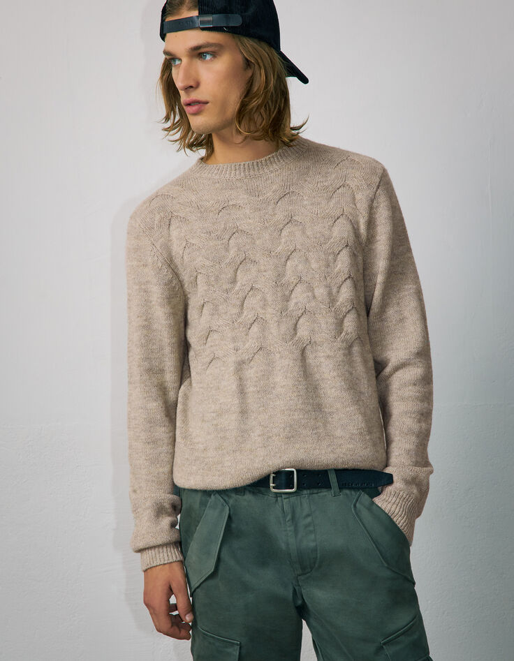 Kittgrauer Herrenstrickpullover mit Zopfmuster-1