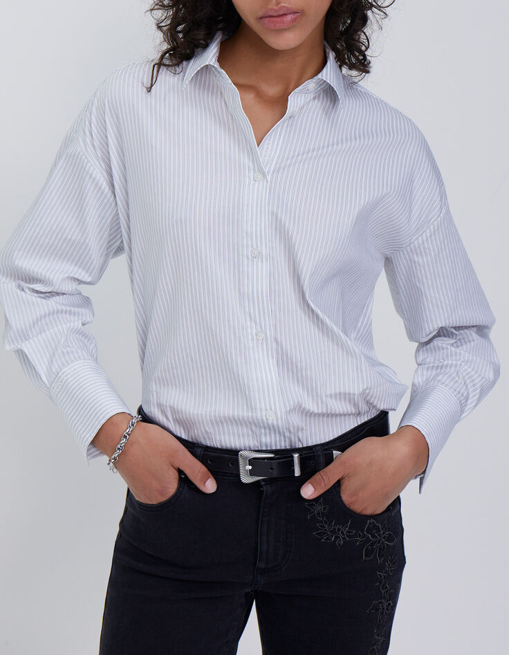 Women’s ecru shirt with thin grey stripes-1