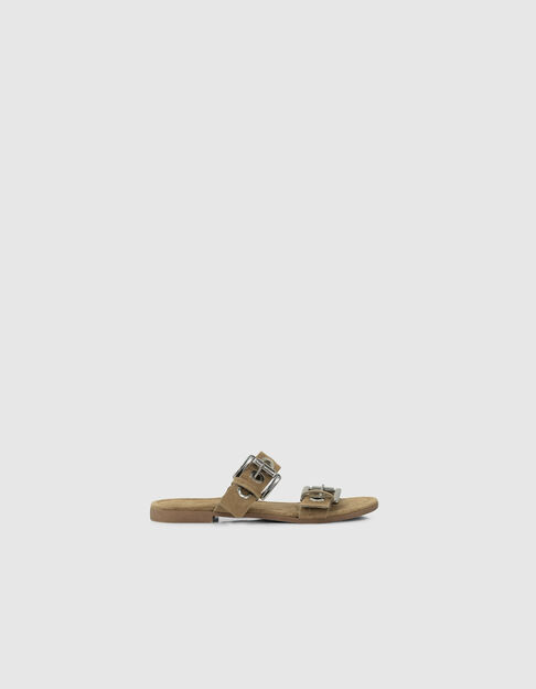 Women’s khaki suede mules with eyelet straps