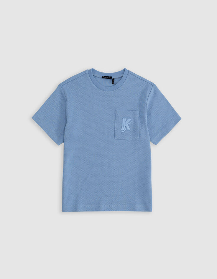 Blue jacquard boy's embroidered pocket T-shirt-3