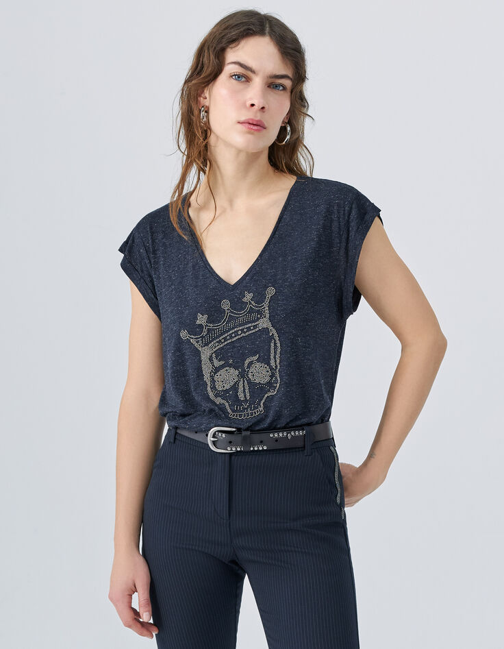 Tee-shirt marine pailleté brodé tête de mort Femme-1
