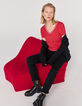 Rotes Damen-T-Shirt mit V-Ausschnitt, Zierat am Ausschnitt-5