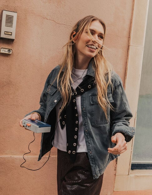 Veste en jean bleu oversize doublure matelass&eacute;e Femme - IKKS