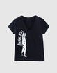 Tee-shirt col V en coton flammé visuel silhouette femme-1