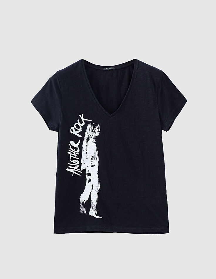 Tee-shirt col V en coton flammé visuel silhouette femme-1