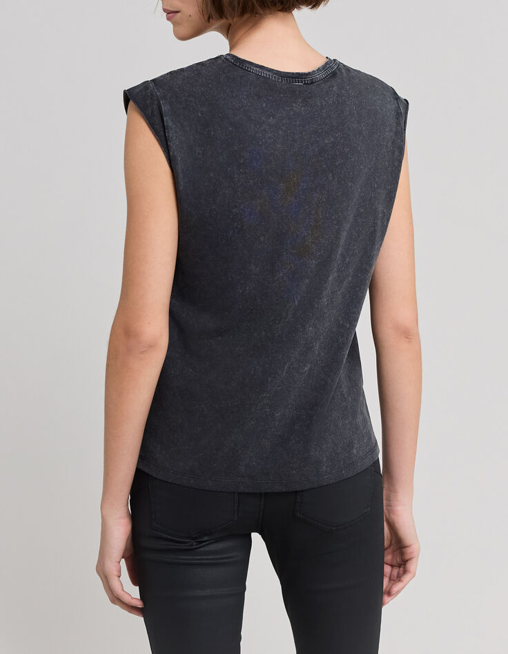 Tee-shirt gris t&ecirc;te de mort brod&eacute;e fils et strass Femme-3