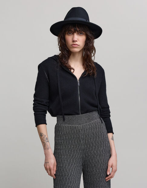 Women’s black pure cashmere knit hooded cardigan