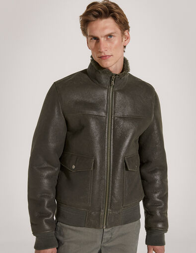 Men’s sage aviator-style shearling leather jacket - IKKS