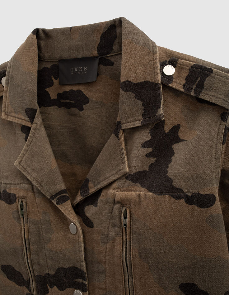 Women’s khaki camouflage denim safari jacket with badges-2