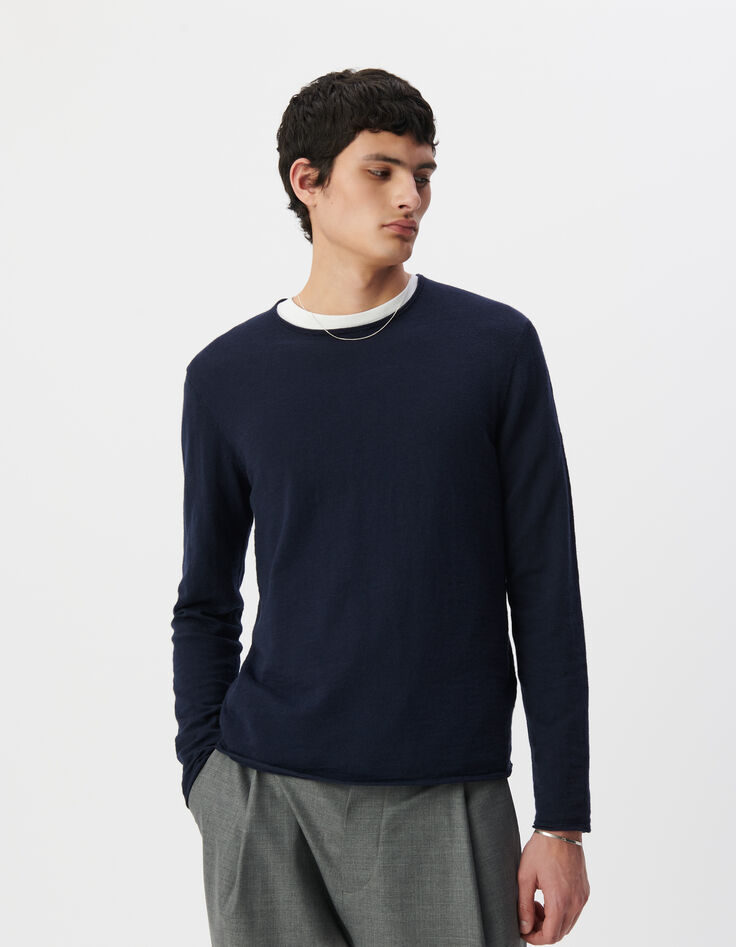Marineblauer Feinstrick-Pullover für Herren mit Rollkanten-5