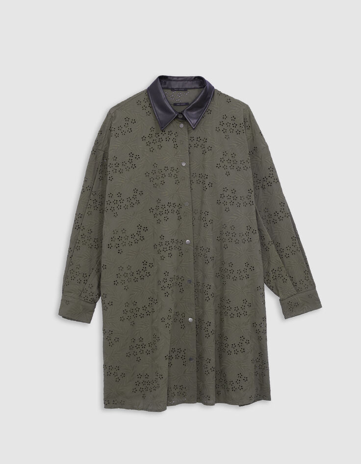 Vestido camisero caqui algodón orgánico broderie anglaise Mujer-5