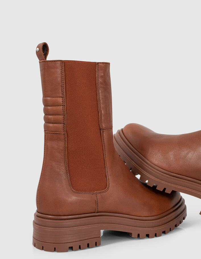 Women’s camel leather lugged sole high Chelsea boots