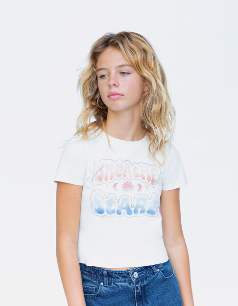 Girls’ ecru vintage-style slogan T-shirt