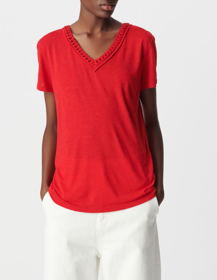 Camiseta roja de mujer con cuello en V trenzado-2