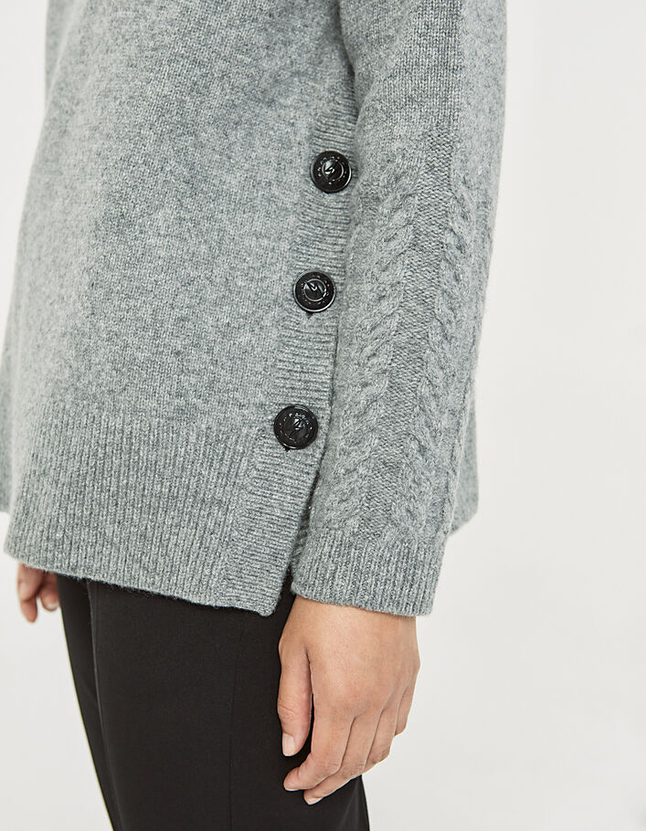 Pull maille tricot gris 100% laine torsades poignets femme - IKKS