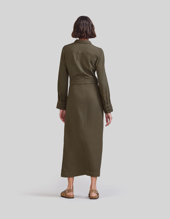 Langes algengrünes Damen-Hemdkleid aus Bio-Baumwolle - IKKS