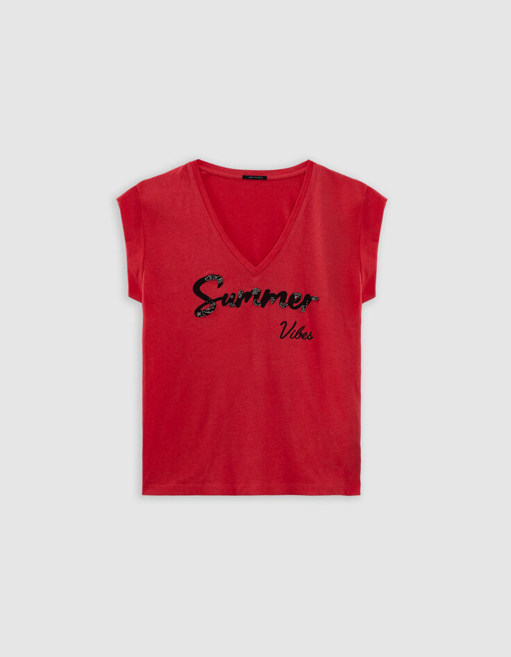 Tee-shirt encolure V rouge message-5
