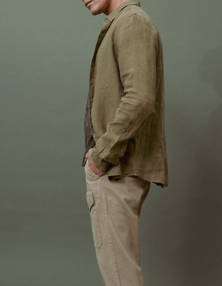Khaki SLIM-Herrenhemd aus 100% Leinen-6
