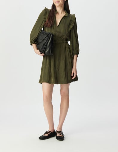 Kaki jurk gekreukt satijn en geplooide volants Dames - IKKS