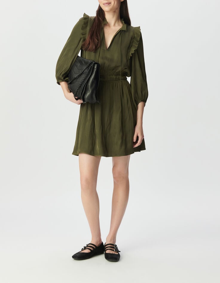 Kaki jurk gekreukt satijn en geplooide volants Dames-1