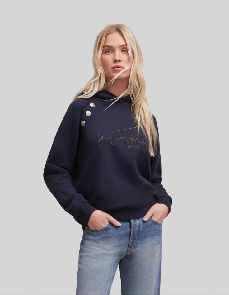 Sweat marine message broderie paillettes Femme-1