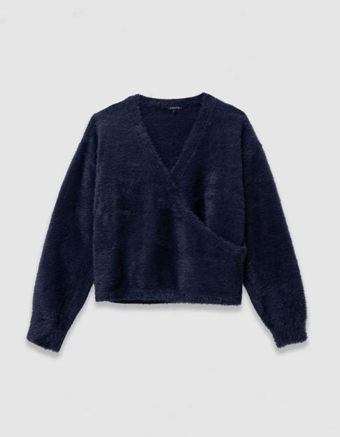 Girls&rsquo; navy fluffy knit wrap-style sweater - IKKS