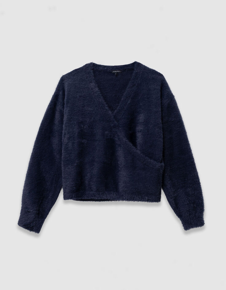 Blauer flauschiger Mädchenstrickpullover Wickellook-3
