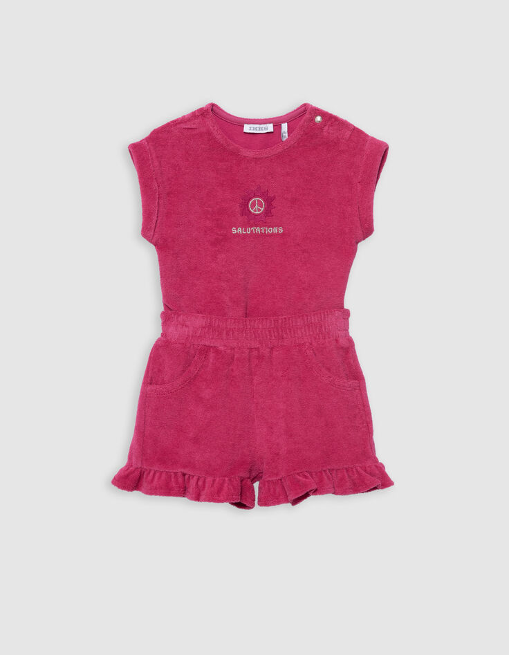 Ensemble short et T-shirt rose en éponge bébé fille-1