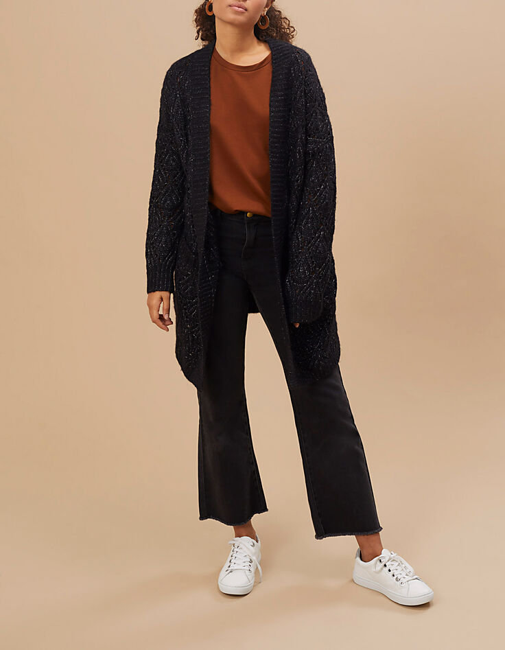 Schwarzer, lange Zierstrickjacke I.Code-5