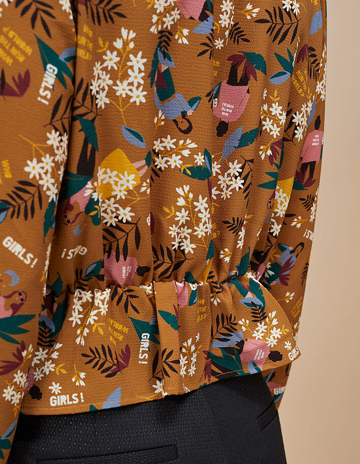 I.Code camel blouse with Women flowers print - I.CODE