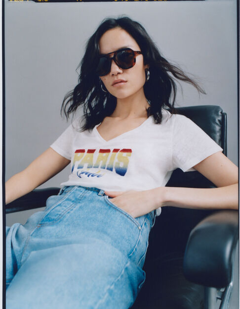 Cremeweißes Damen-T-Shirt mit Deep-Dye-Schriftzug