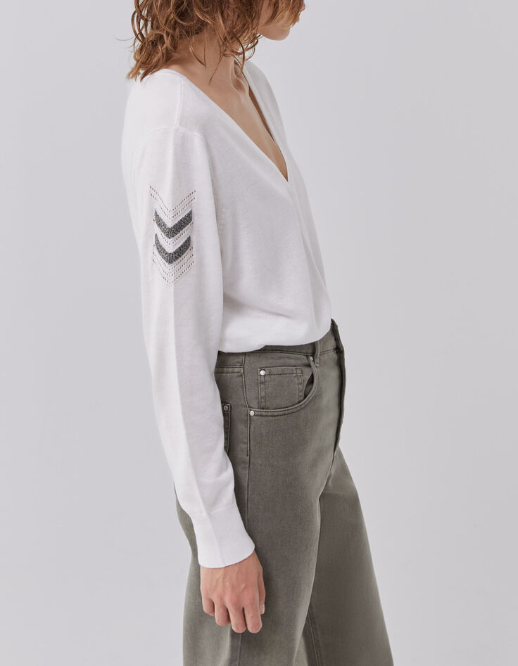 Witte gebreide trui, geborduurde visgraten mouw Dames-5