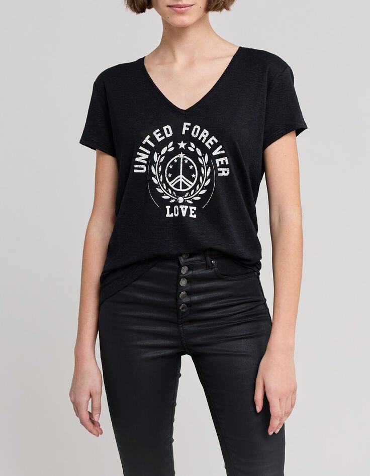 Tee-shirt noir visuel blason symbole paix Femme-2