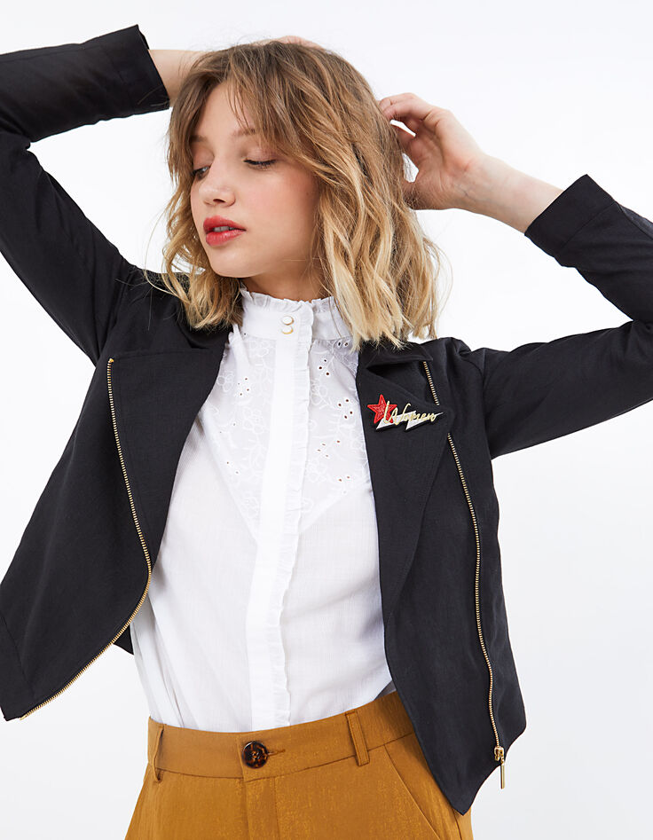 Veste noire en lin esprit motard I.Code-1 Veste noire en lin esprit motard I.Code-1