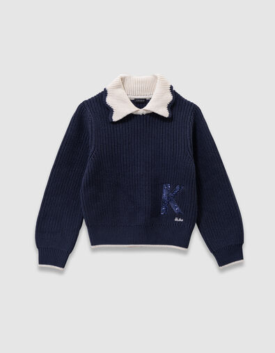 Jersey azul punto cuello crudo letra lentejuelas niña - IKKS