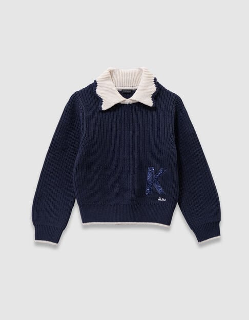 Jersey azul punto cuello crudo letra lentejuelas niña - IKKS