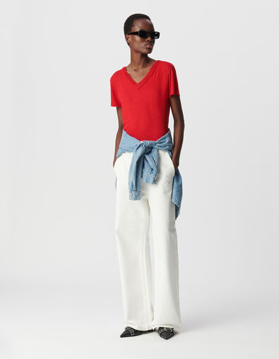 Tee-shirt rouge tressage encolure V Femme - IKKS