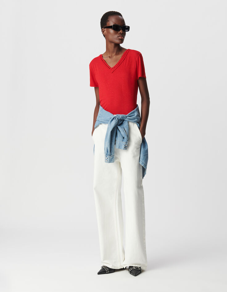 Tee-shirt rouge tressage encolure V Femme-1