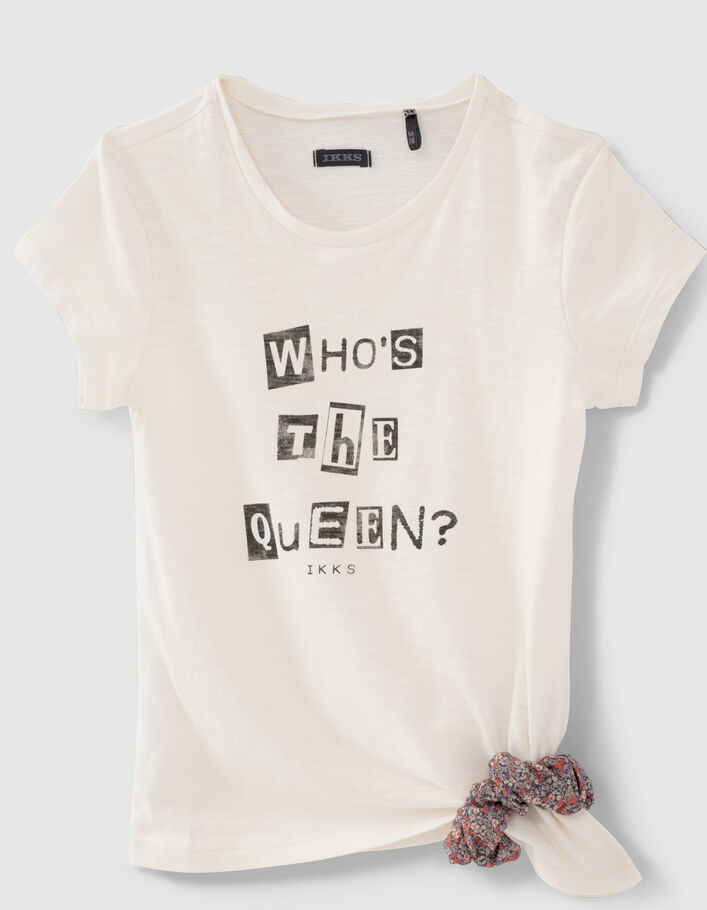 Girls’ ecru organic cotton slogan T-shirt with scrunchie-6