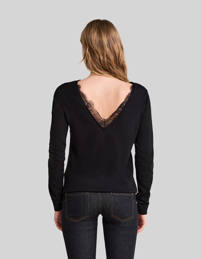 Women’s black lace touch knit V-neck sweater - IKKS