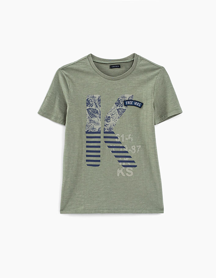 Boys’ light khaki T-shirt with print and badge - IKKS
